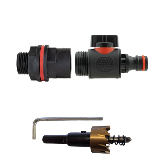 ¾″ BSP water-butt plastic tank kit with male snap-on plug and 27mm hole cutter.