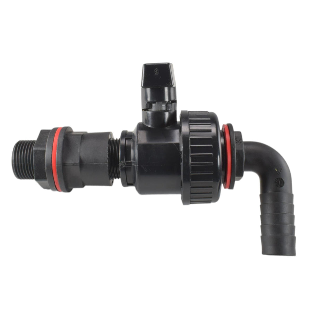 Black water-butt connector, manual single-union valve and 90-degree ¾″ hose-barb elbow kit.