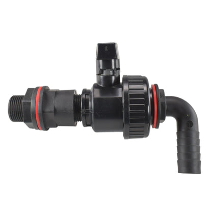 Black water-butt connector, manual single-union valve and 90-degree ¾″ hose-barb elbow kit.