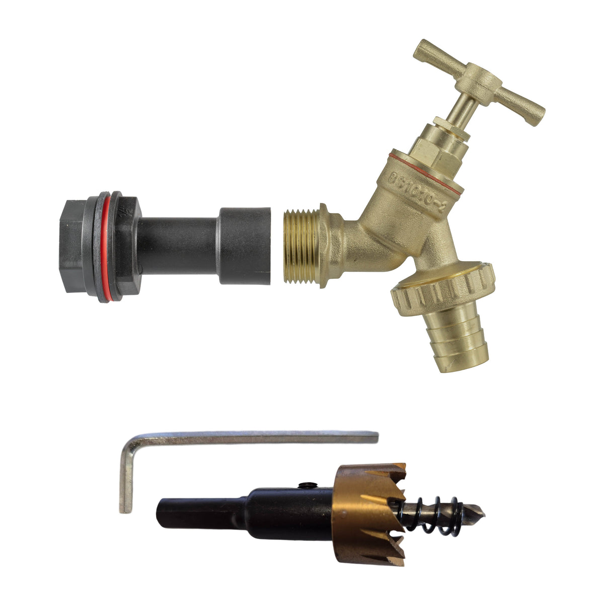 ½″ BSP tank fitting kit with ½″ hose barb and 21mm HSS hole cutter.