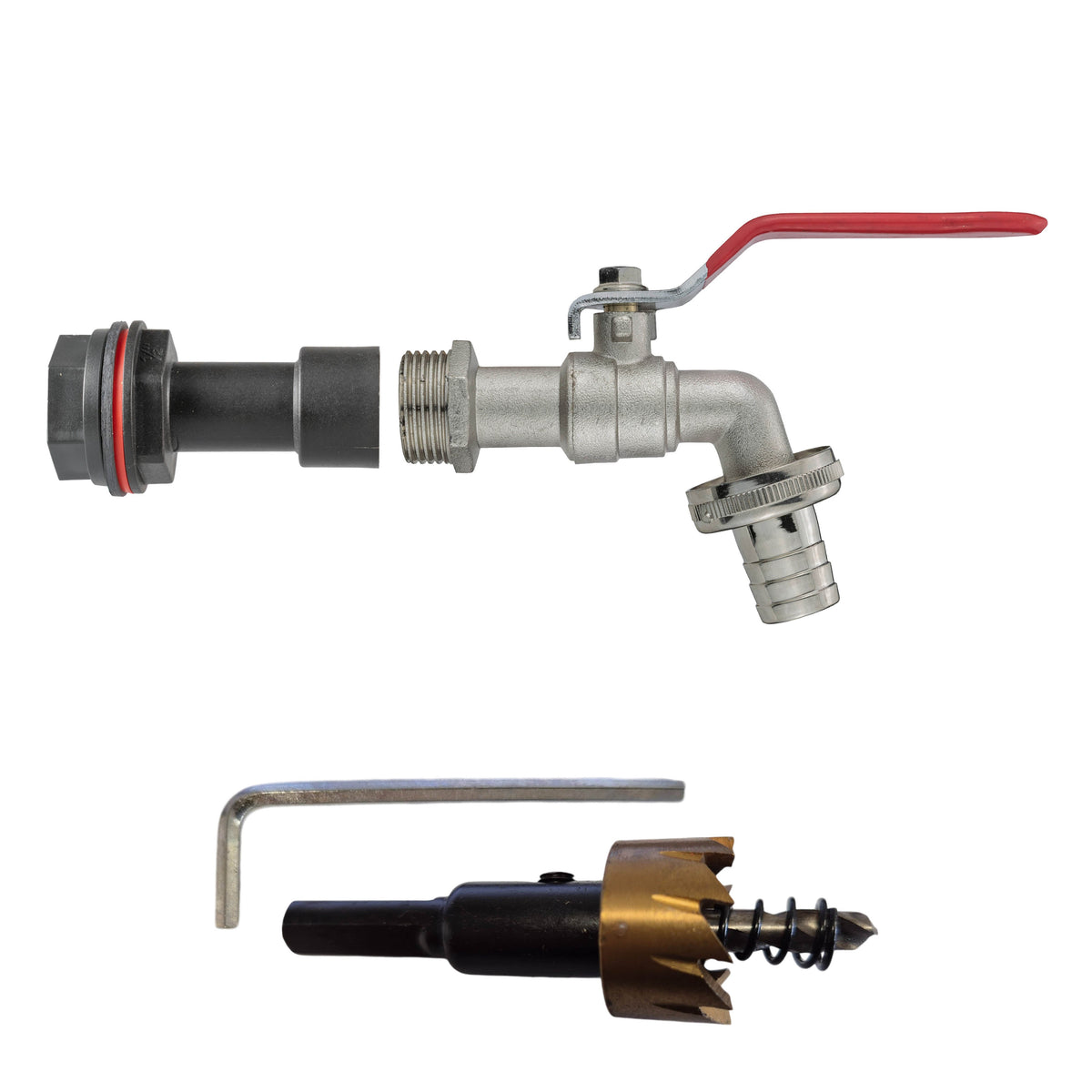 ½″ BSP tank fitting kit with ½″ hose barb and 21mm HSS hole cutter.