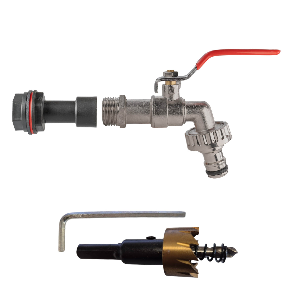 ½″ BSP tank fitting kit with male snap-on plug and 21mm HSS hole cutter.
