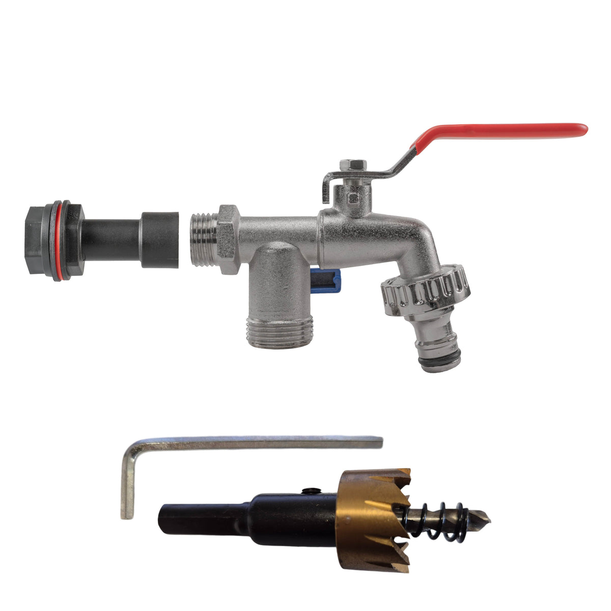 ½″ BSP tank fitting kit with one male snap-on plug and one BSP threaded outlet and 21mm HSS hole cutter.