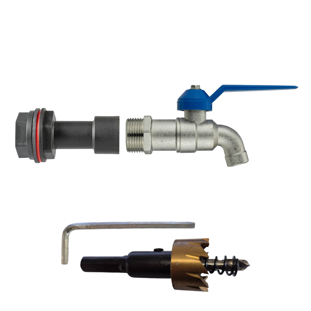 ½″ BSP water-butt50mm extension kit with plain spout; no hose attachment and 21mm hole cutter.