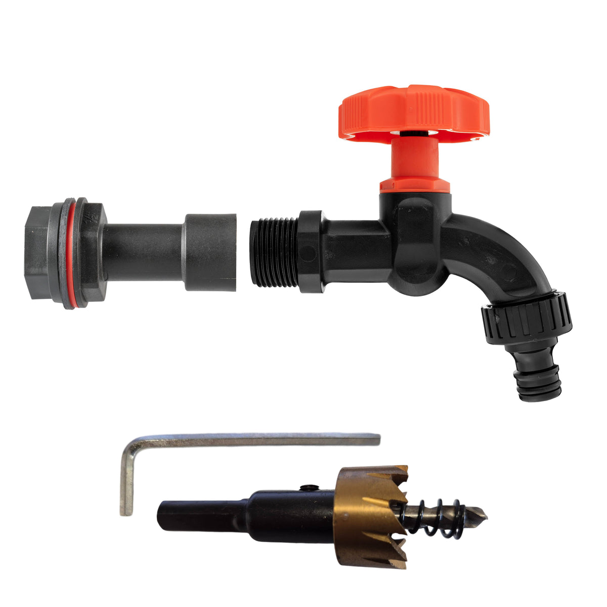 ½″ BSP water-butt50mm extension kit with male snap-on plug and 21mm hole cutter.