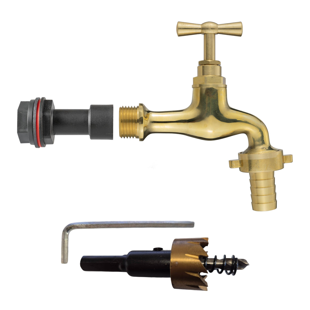 ½″ BSP water-butt50mm extension kit with 13mm hose barb and 21mm hole cutter.