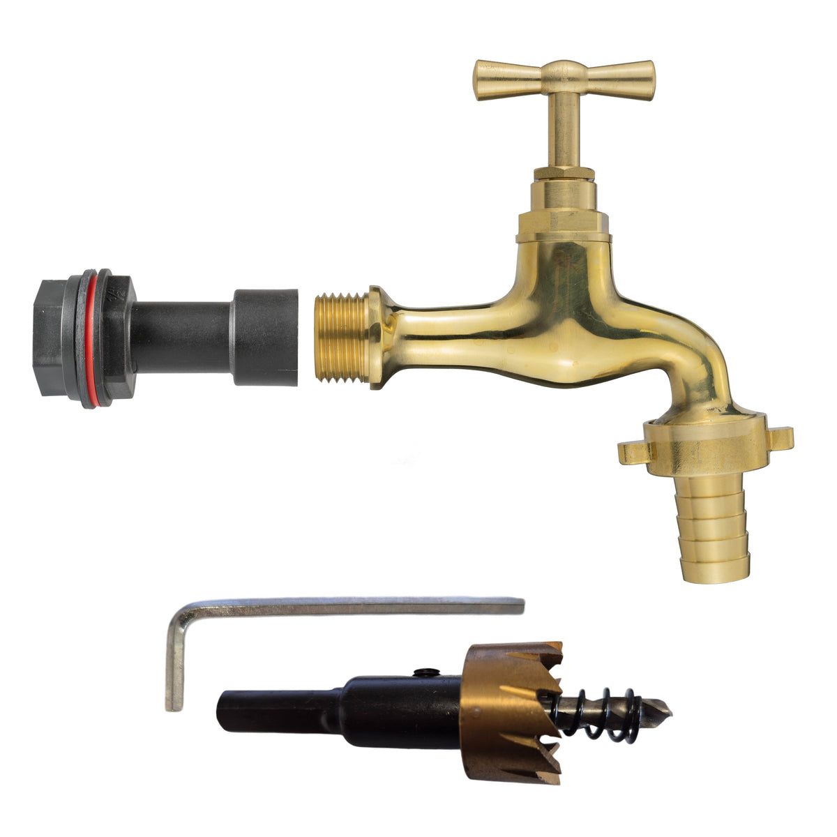 ½″ BSP water-butt50mm extension kit with 15mm hose barb and 21mm hole cutter.