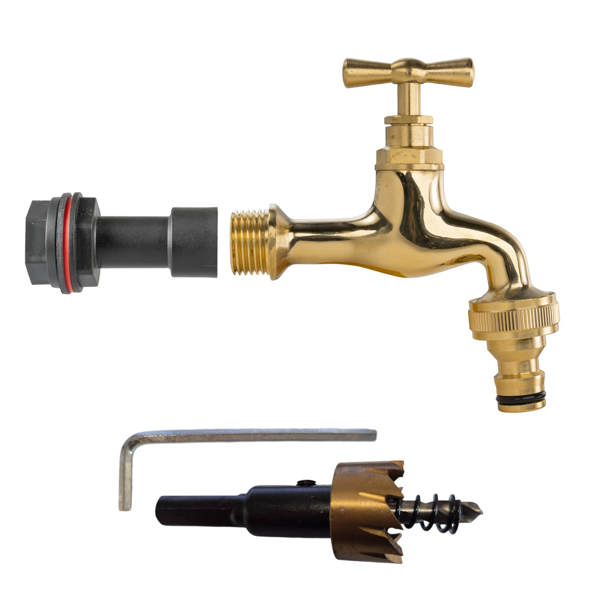 ½″ BSP water-butt50mm extension kit with male snap-on plug and 21mm hole cutter.