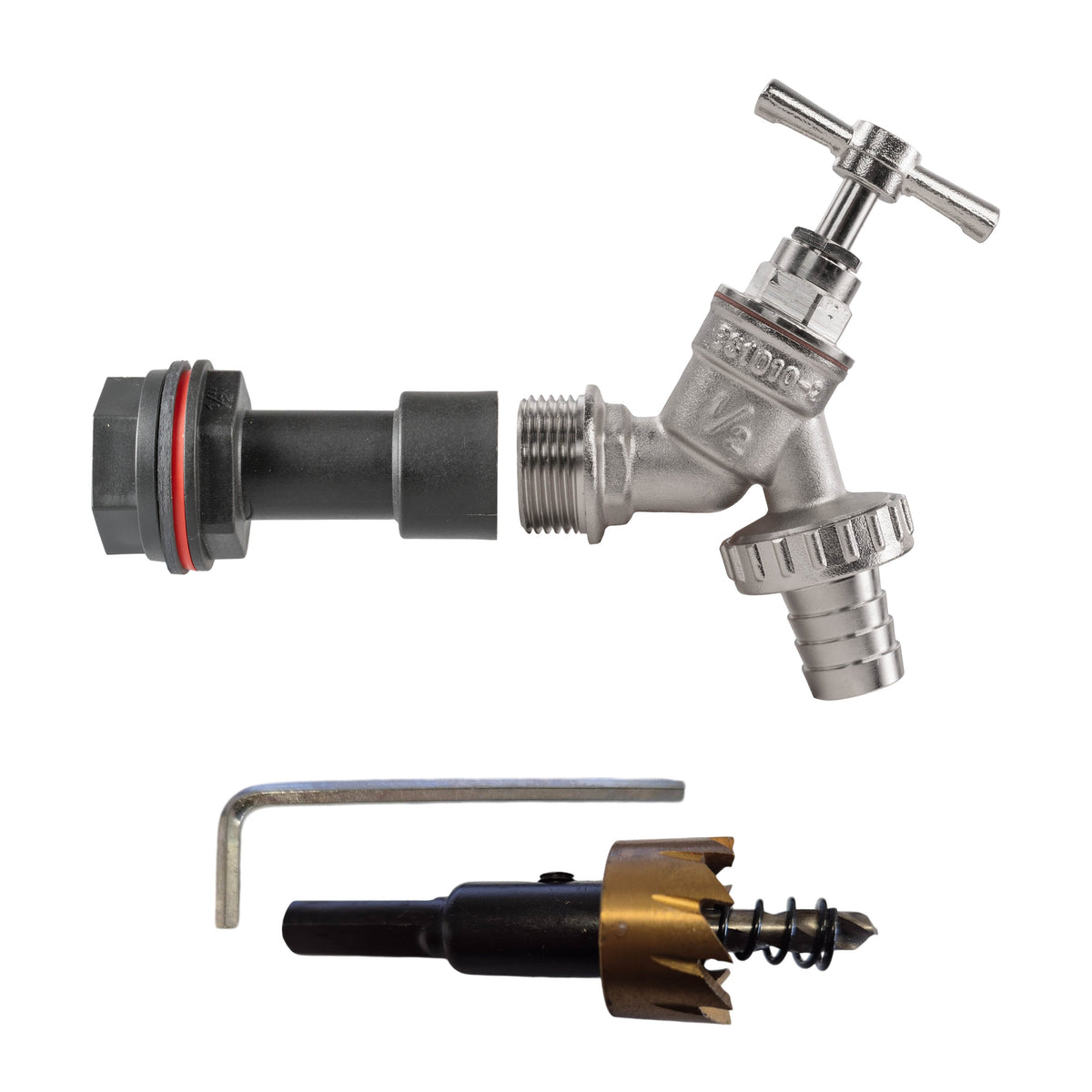 ½″ BSP water-butt50mm extension kit with ½″ hose barb and 21mm hole cutter.