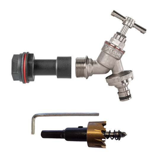 ½″ BSP water-butt50mm extension kit with male snap-on plug via supplied adapter and 21mm hole cutter.
