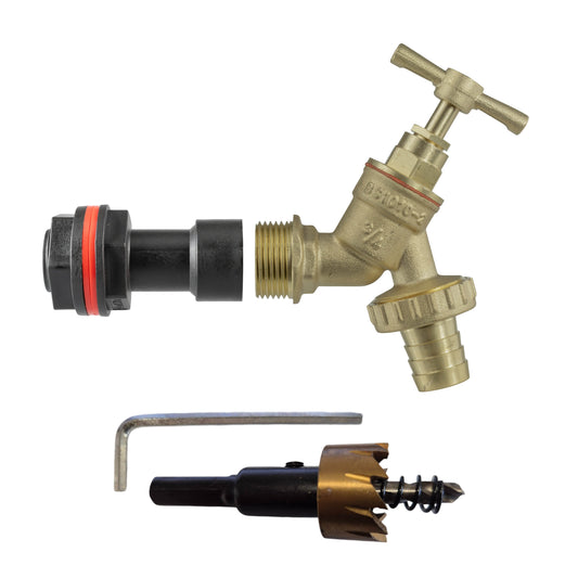 ¾″ BSP water-butt50mm extension kit with ¾″ hose barb and 27mm hole cutter.