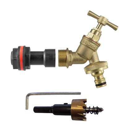 ¾″ BSP water-butt50mm extension kit with male snap-on plug and 27mm hole cutter.