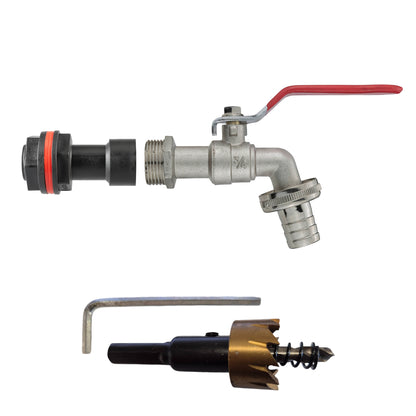 ¾″ BSP water-butt50mm extension kit with ¾″ hose barb and 27mm hole cutter.