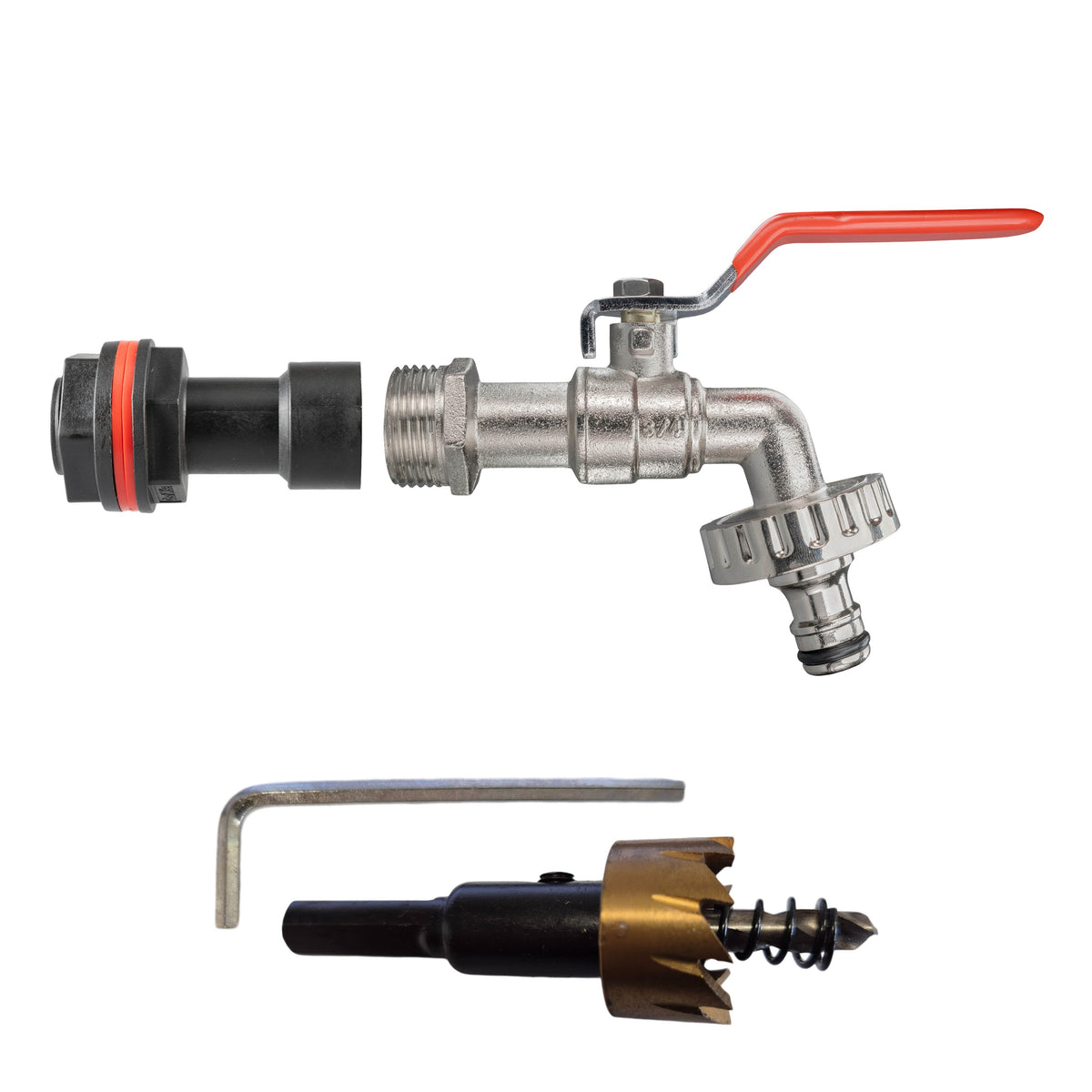 ¾″ BSP water-butt50mm extension kit with male snap-on plug and 27mm hole cutter.