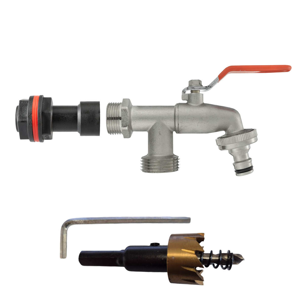 ¾″ BSP water-butt50mm extension kit with one male snap-on outlet and one BSP threaded outlet and 27mm hole cutter.