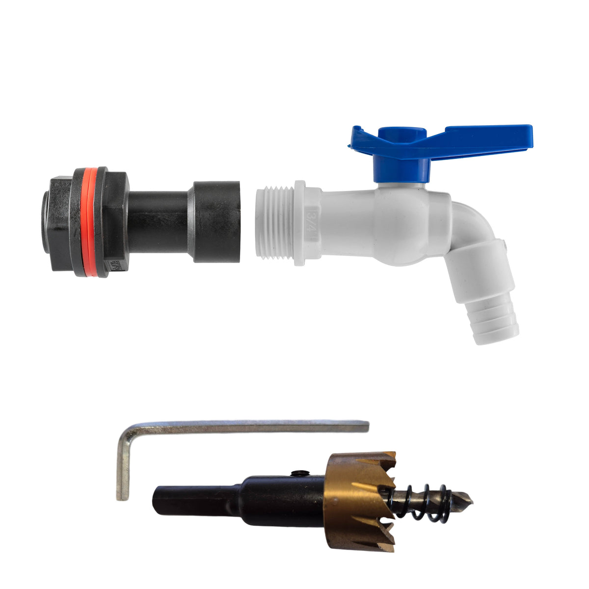¾″ BSP water-butt50mm extension kit with ½″ hose barb and 27mm hole cutter.