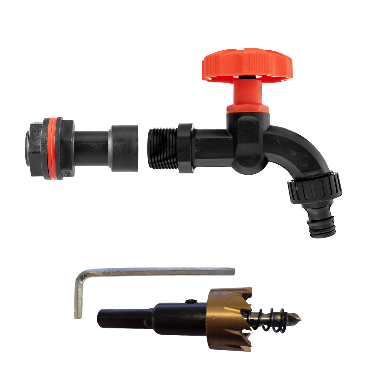 ¾″ BSP water-butt50mm extension kit with male snap-on plug and 27mm hole cutter.