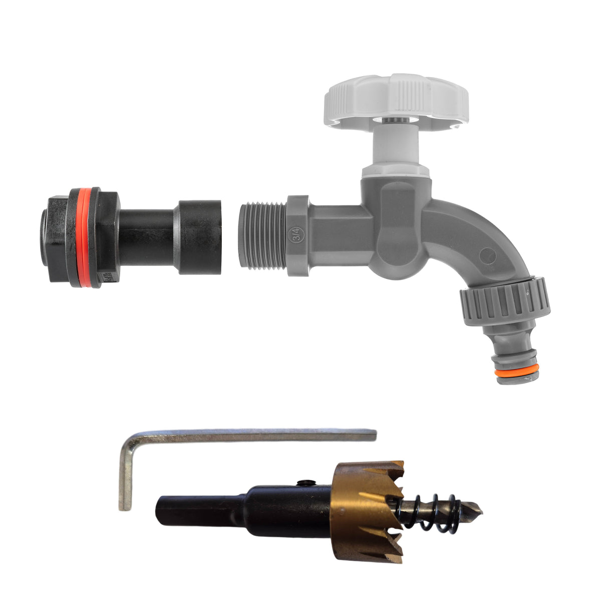 ¾″ BSP water-butt50mm extension kit with male snap-on plug and 27mm hole cutter.