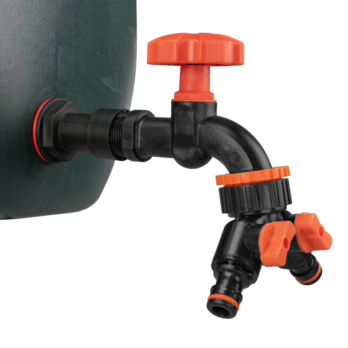 ¾″ BSP Water Butt Extension – Black/Orange Dial Tap & Twin Splitter
