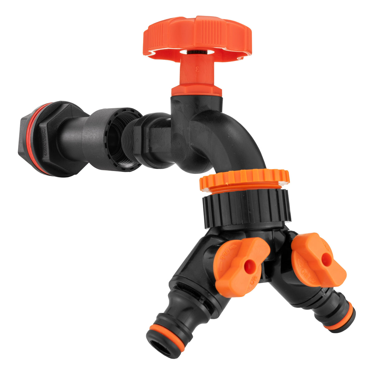 ¾″ BSP Water Butt Extension – Black/Orange Dial Tap & Twin Splitter; supplied fittings shown.