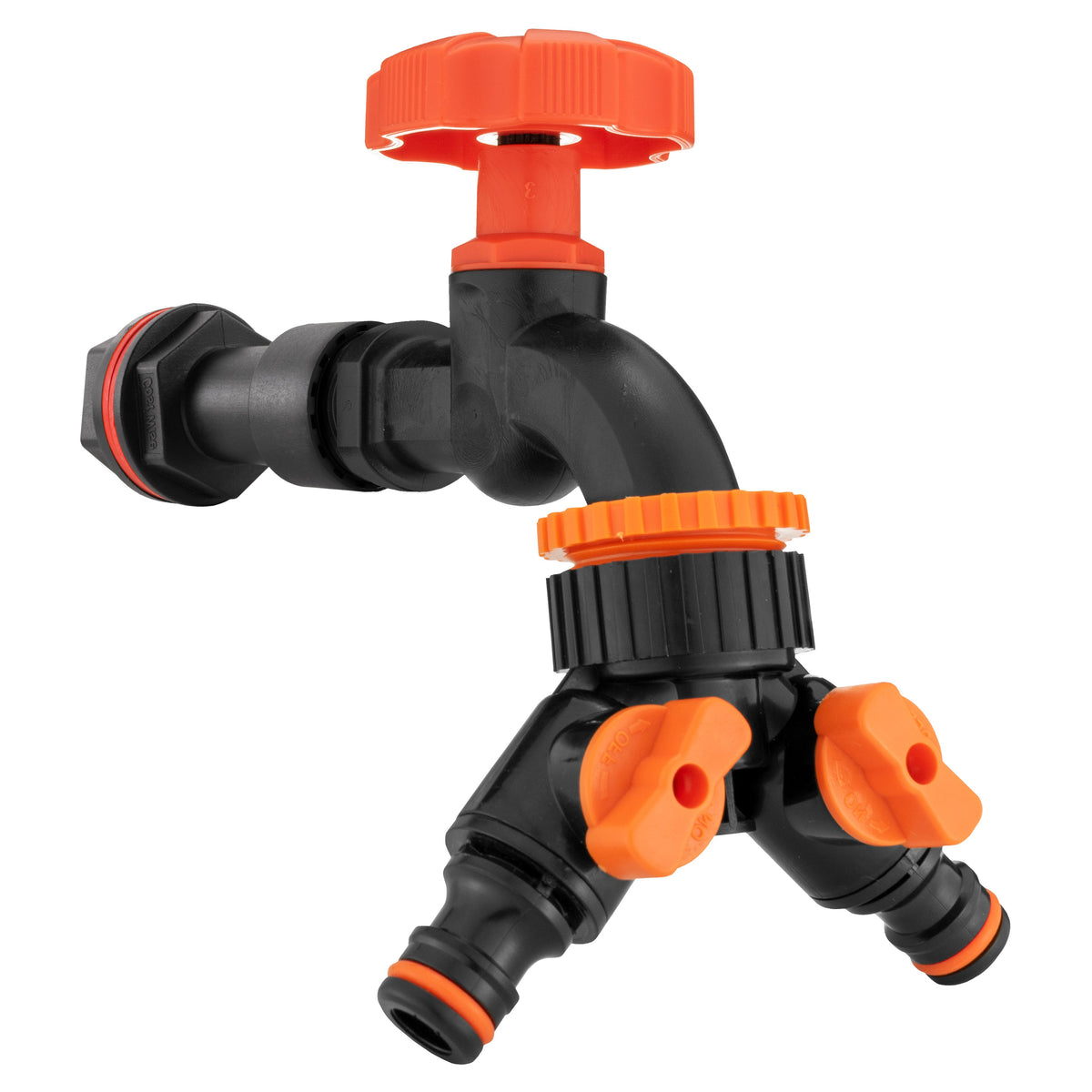 ¾″ BSP Water Butt Extension – Black/Orange Dial Tap & Twin Splitter