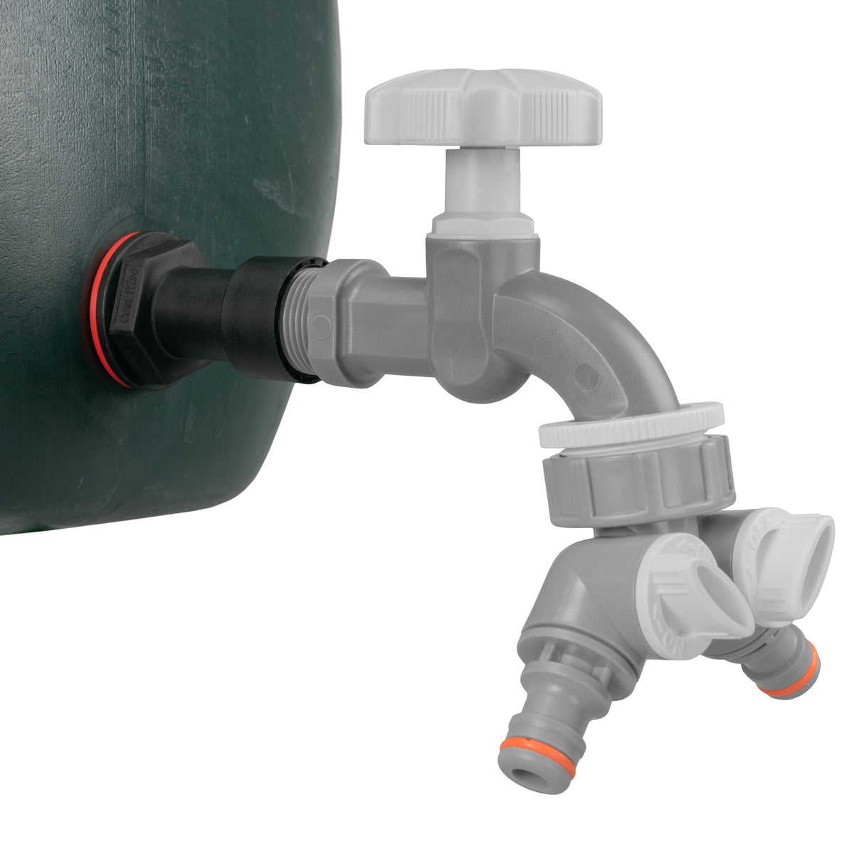 ¾″ BSP Water Butt Extension – Grey/White Dial Tap & Twin Splitter