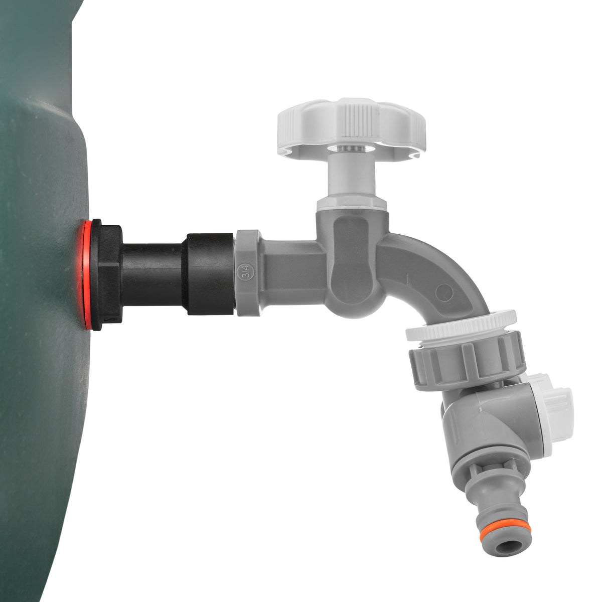 ¾″ BSP Water Butt Extension – Grey/White Dial Tap & Twin Splitter