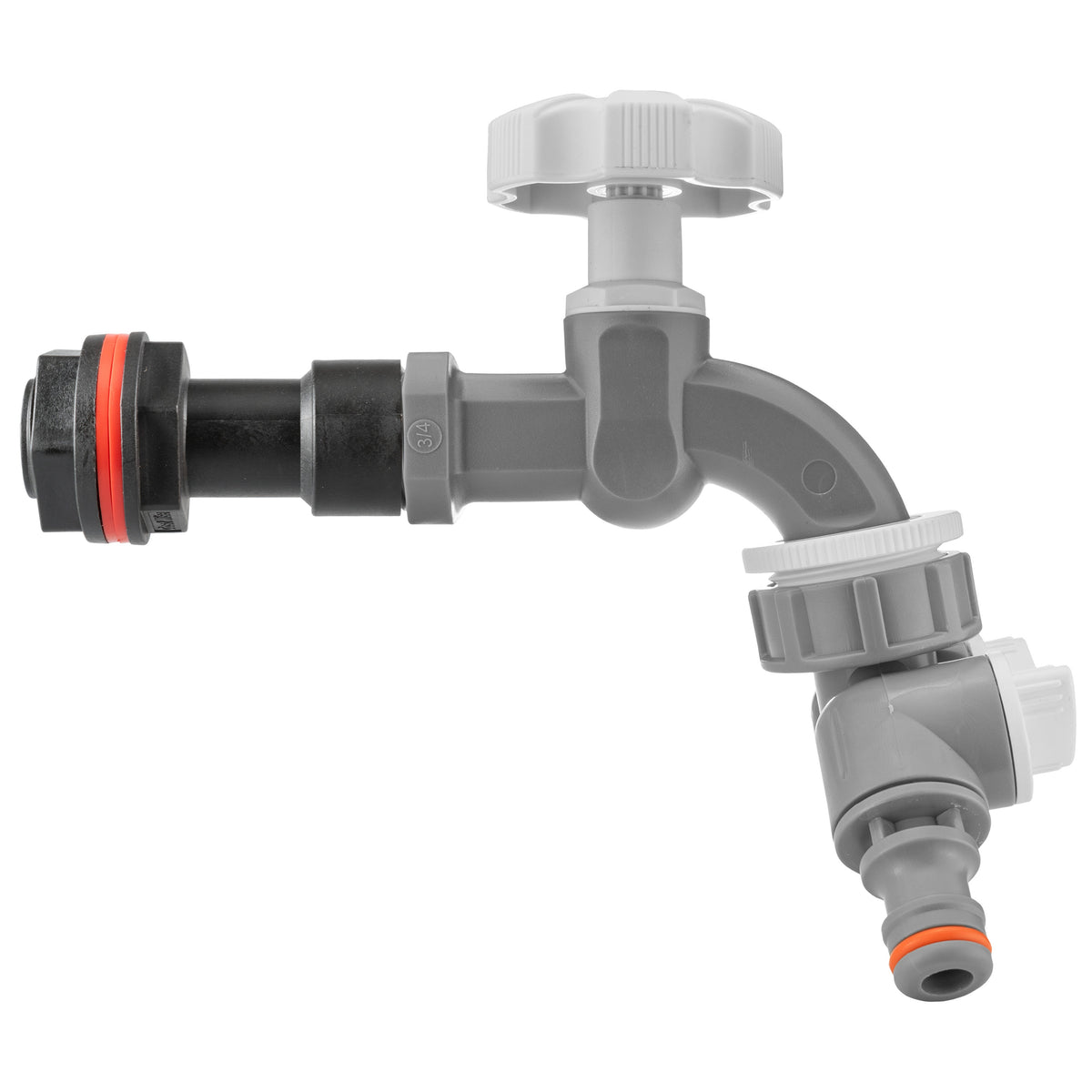 ¾″ BSP Water Butt Extension – Grey/White Dial Tap & Twin Splitter