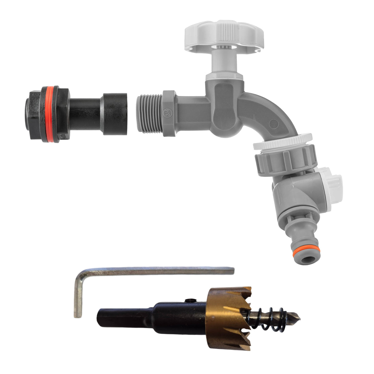 ¾″ BSP water-butt50mm extension kit with two male snap-on plugs via supplied valved splitter and 27mm hole cutter.