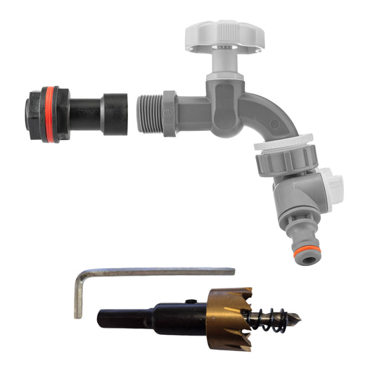 ¾″ BSP water-butt50mm extension kit with two male snap-on plugs via supplied valved splitter and 27mm hole cutter.