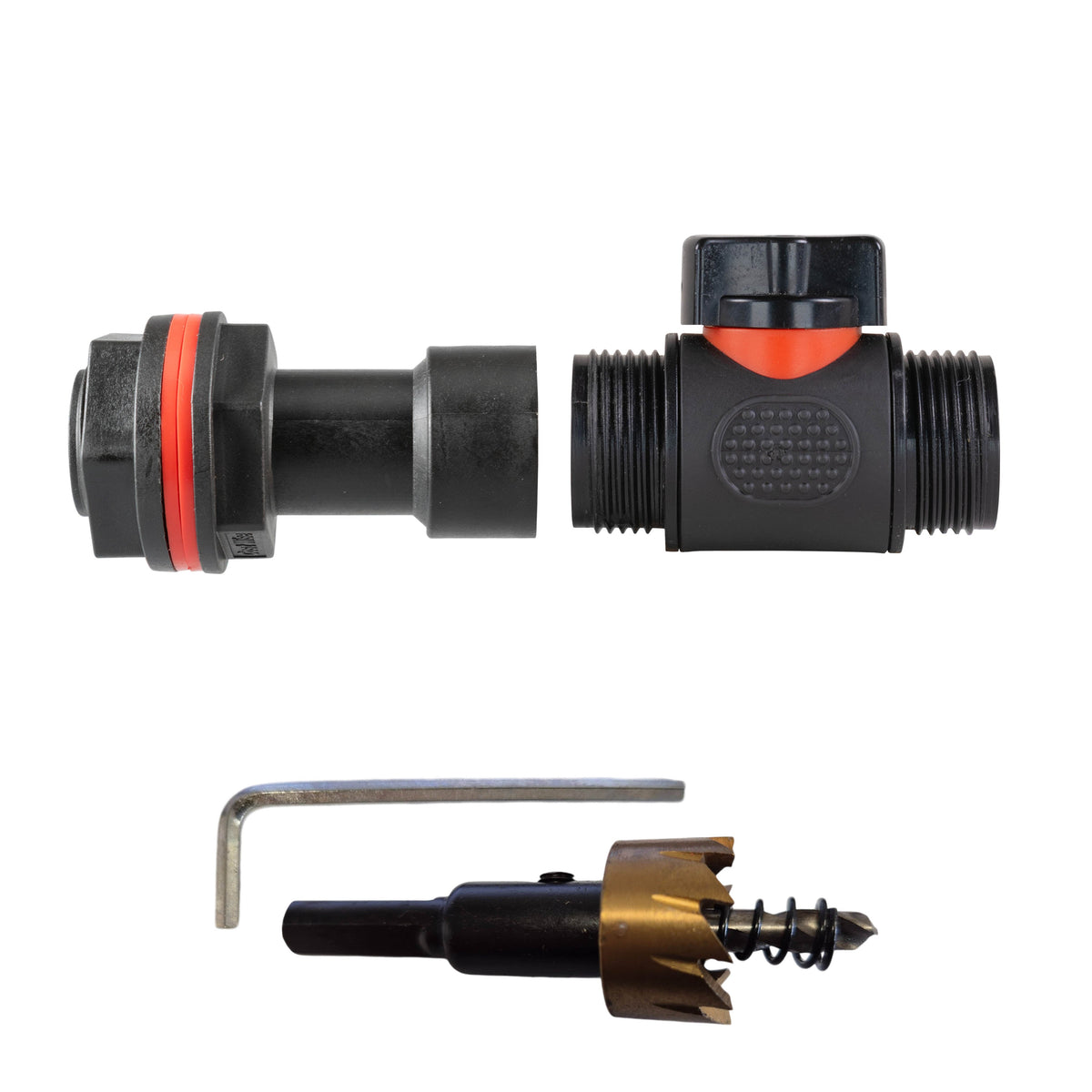 ¾″ BSP water-butt50mm extension kit with exposed¾″ BSP male thread and 27mm hole cutter.