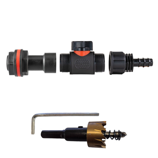 ¾″ BSP water-butt50mm extension kit with 16mm irrigation-pipe barb and 27mm hole cutter.