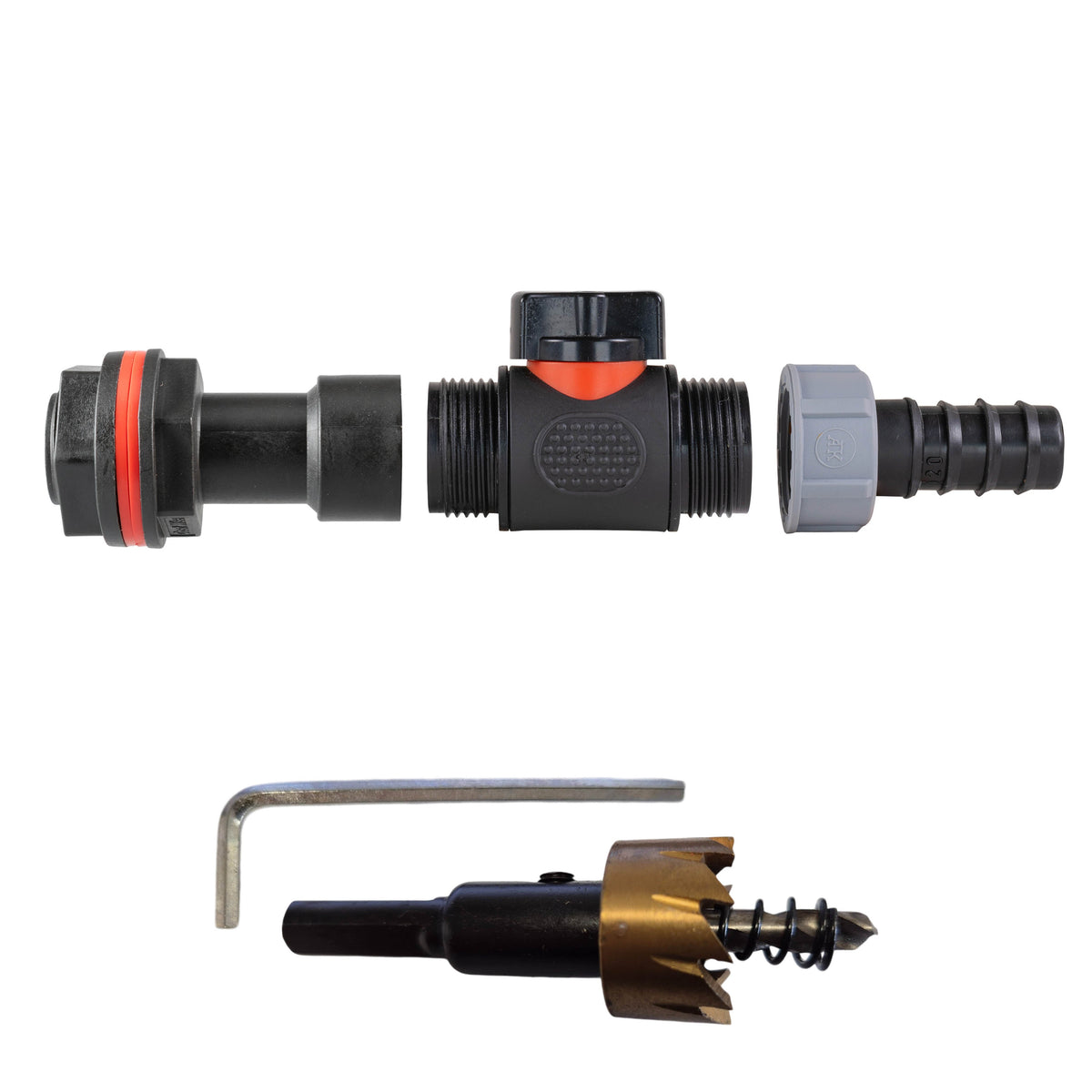 ¾″ BSP water-butt50mm extension kit with 20mm irrigation-pipe barb and 27mm hole cutter.