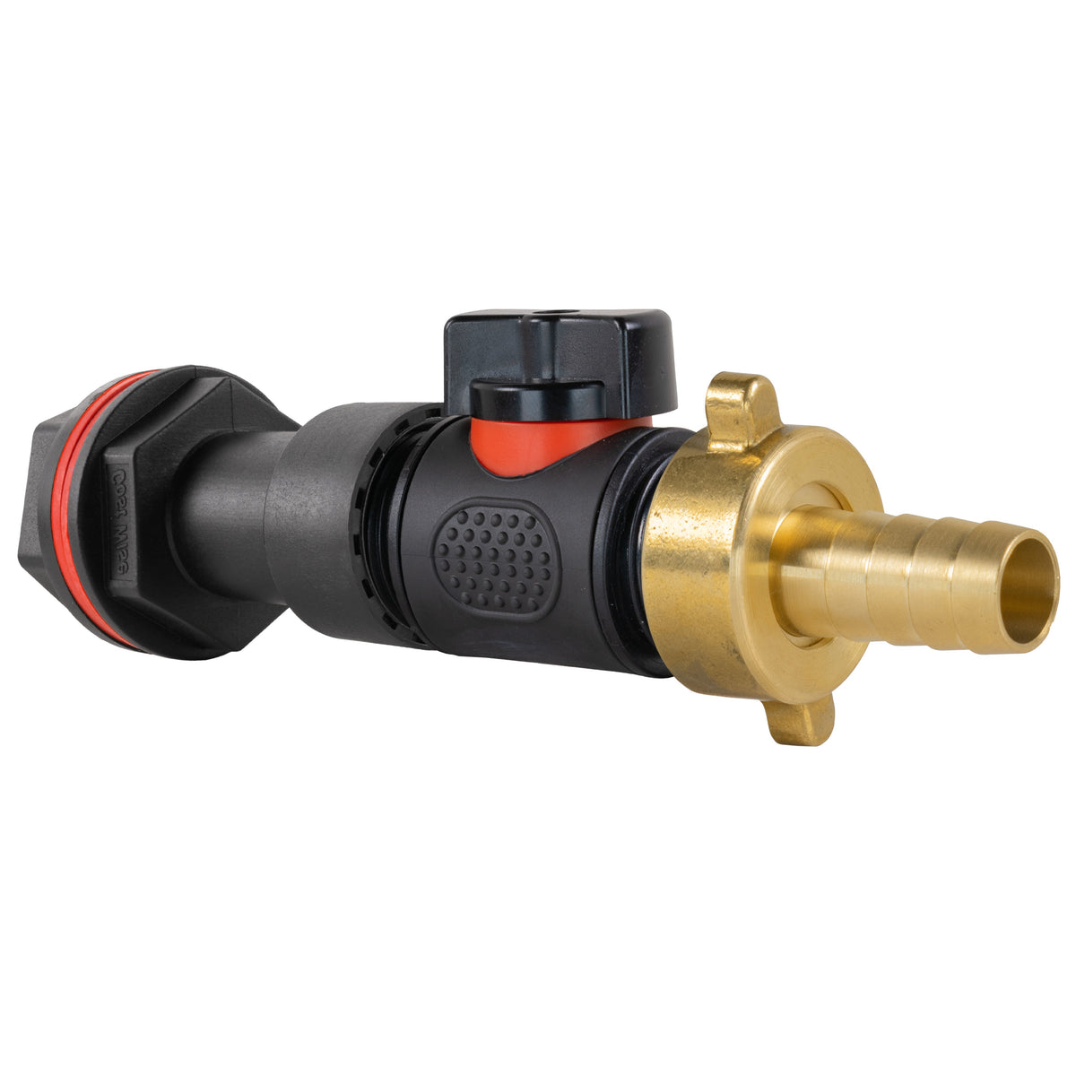 ¾″ BSP Water Butt Extension – Valve & 13mm Brass Barb; supplied fittings shown.