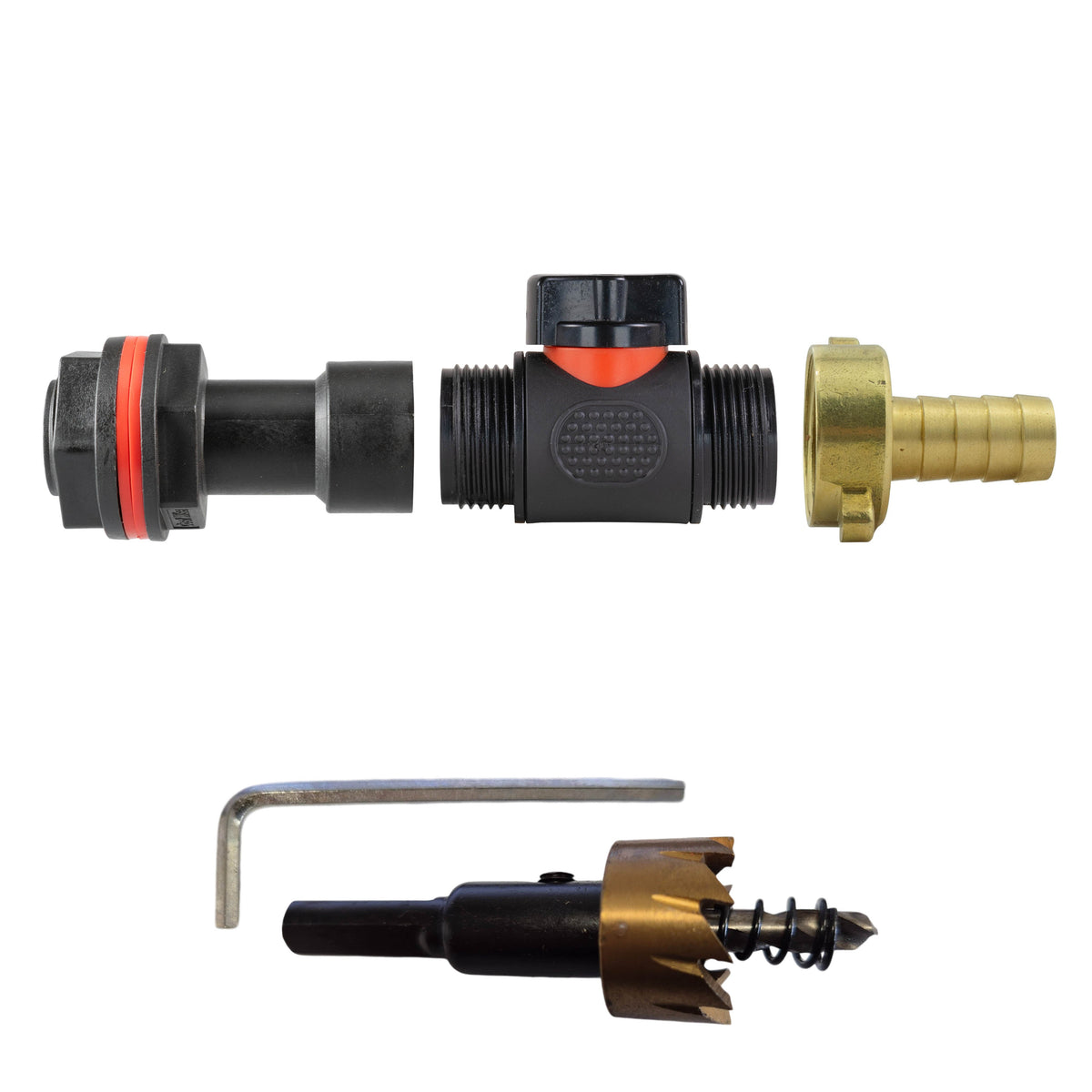 ¾″ BSP water-butt50mm extension kit with 13mm brass hose barb and 27mm hole cutter.