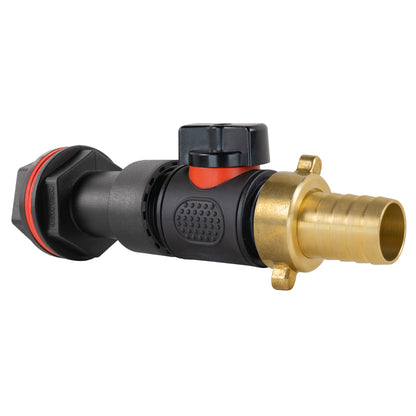 ¾″ BSP Water Butt Extension – Valve & 19mm Brass Barb; supplied fittings shown.