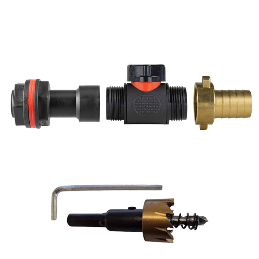 ¾″ BSP water-butt50mm extension kit with 19mm brass hose barb and 27mm hole cutter.