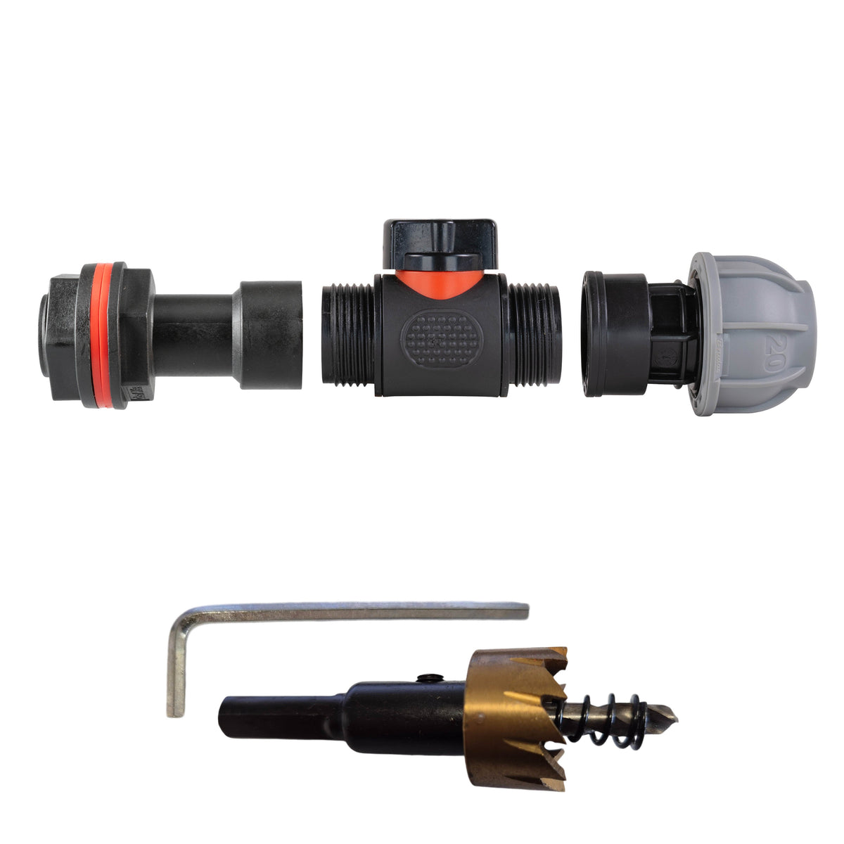 ¾″ BSP water-butt50mm extension kit with 20mm MDPE compression connection and 27mm hole cutter.