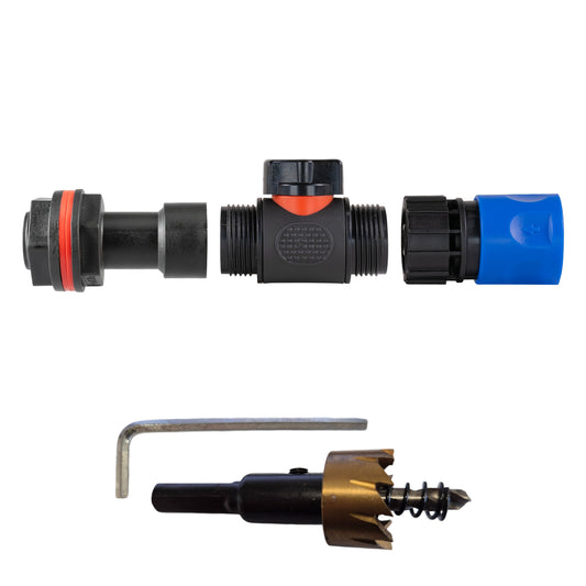 ¾″ BSP water-butt50mm extension kit with blue female snap-on socket and 27mm hole cutter.