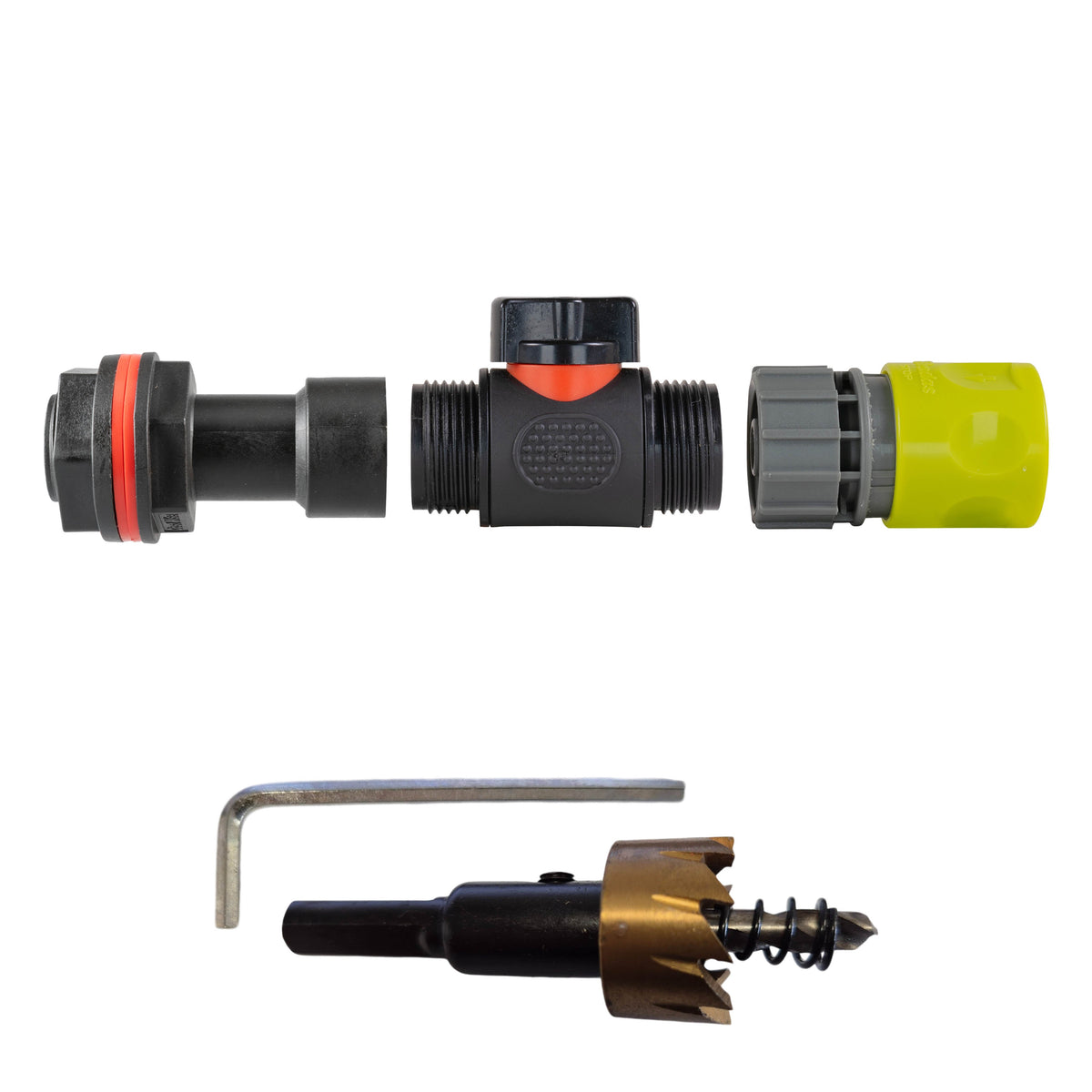 ¾″ BSP water-butt50mm extension kit with lime female snap-on socket and 27mm hole cutter.