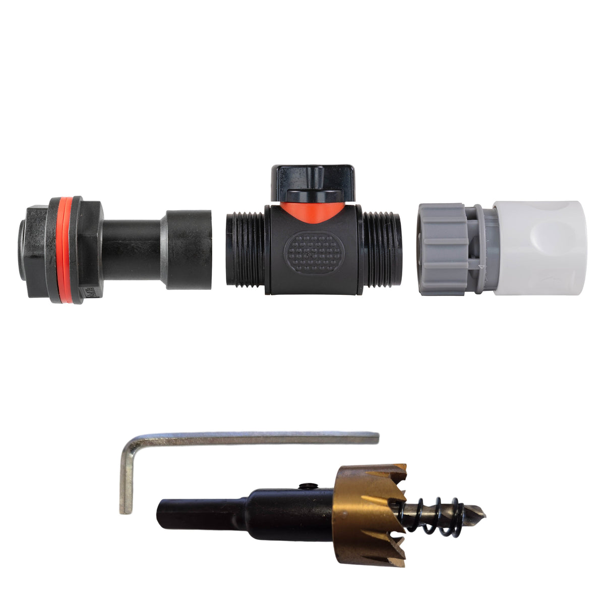 ¾″ BSP water-butt50mm extension kit with White Line female snap-on socket and 27mm hole cutter.