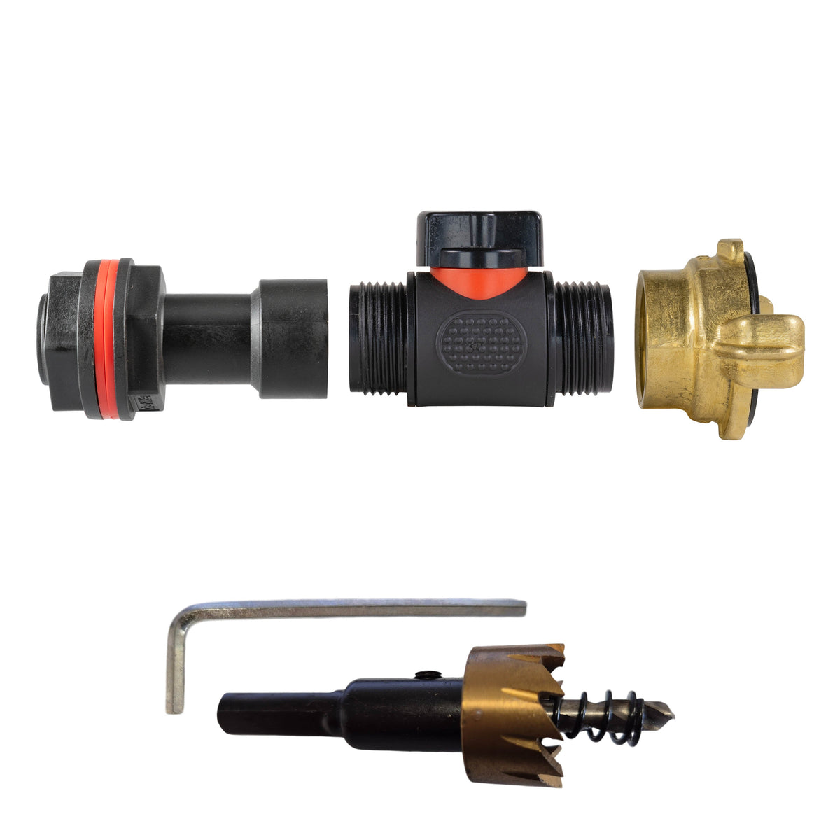 ¾″ BSP water-butt50mm extension kit with Geka-type brass claw coupling and 27mm hole cutter.