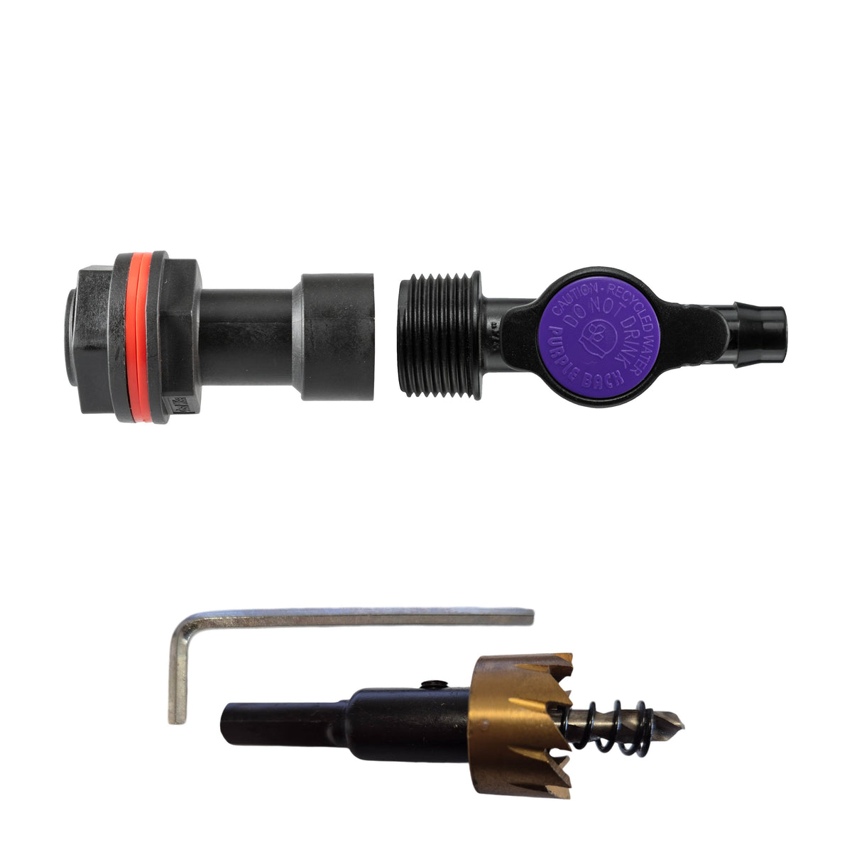 ¾″ BSP water-butt50mm extension kit with 13mm irrigation barb and 27mm hole cutter.