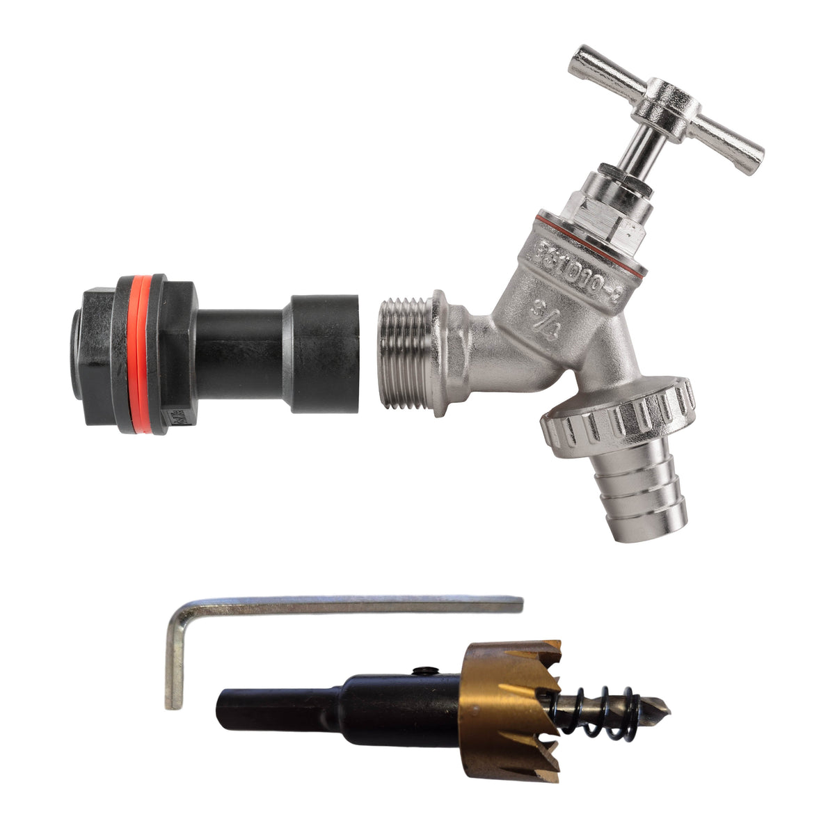 ¾″ BSP water-butt 50mm extension kit with ¾″ hose barb and 27mm hole cutter.