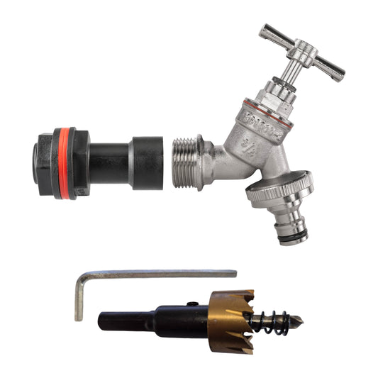 ¾″ BSP water-butt 50mm extension kit with male snap-on plug and 27mm hole cutter.