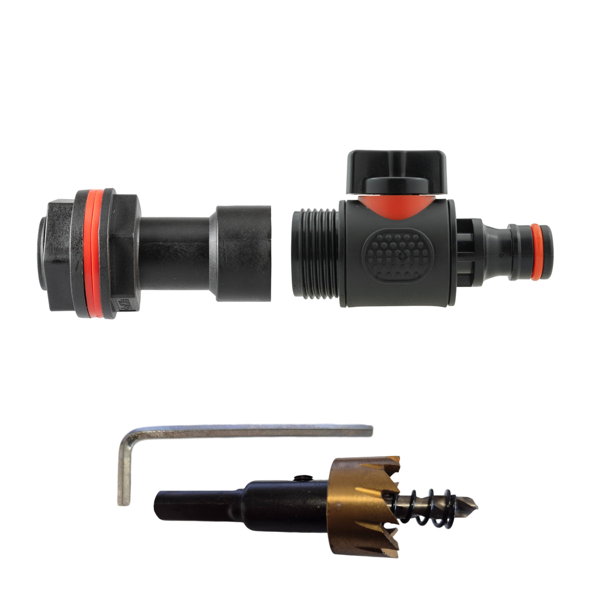 ¾″ BSP water-butt 50mm extension kit with male snap-on plug and 27mm hole cutter.