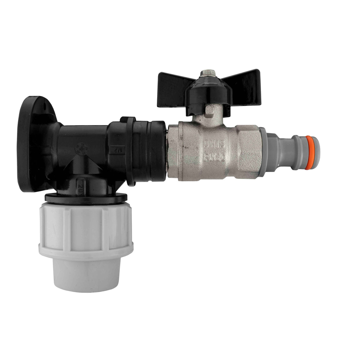 Black/grey 20mm MDPE wall-flange kit with butterfly valve & white line plug.