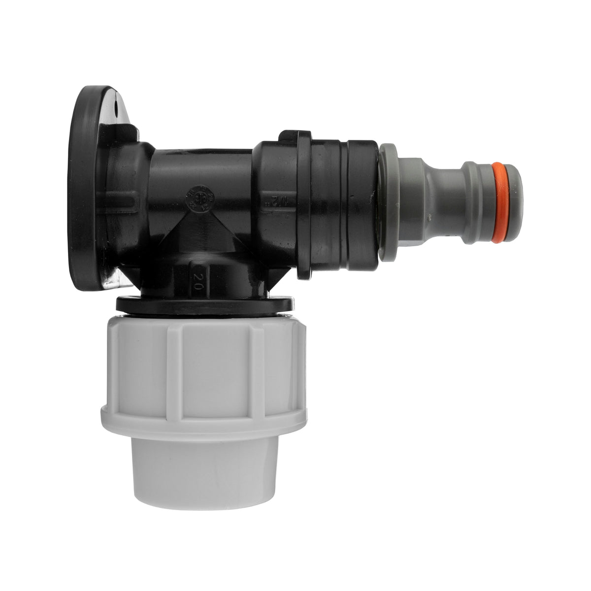Black/grey 20mm MDPE wall-flange kit with white line quick-connect plug.