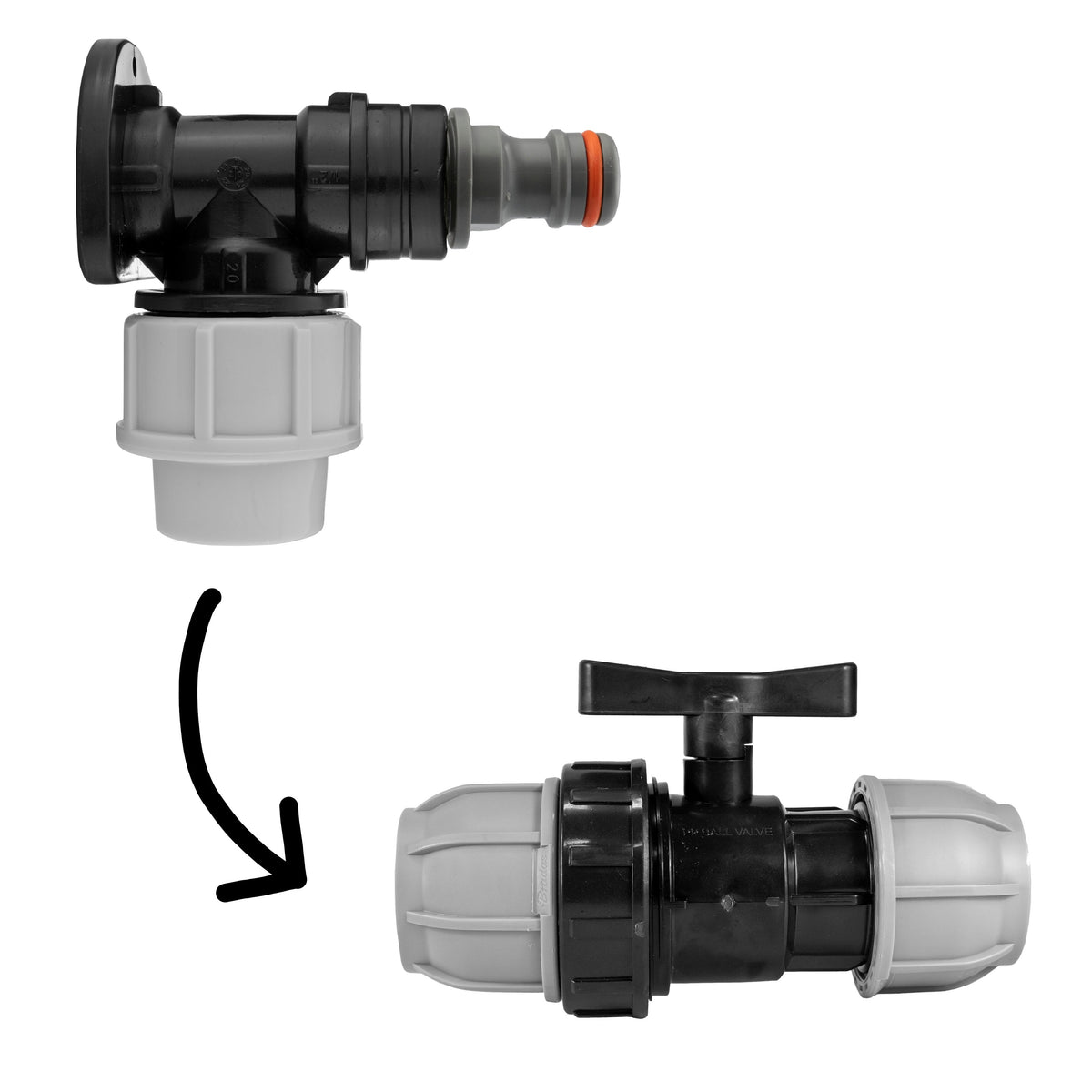 Black/grey 20mm MDPE wall-flange kit with quick plug & separate mdpe valve.