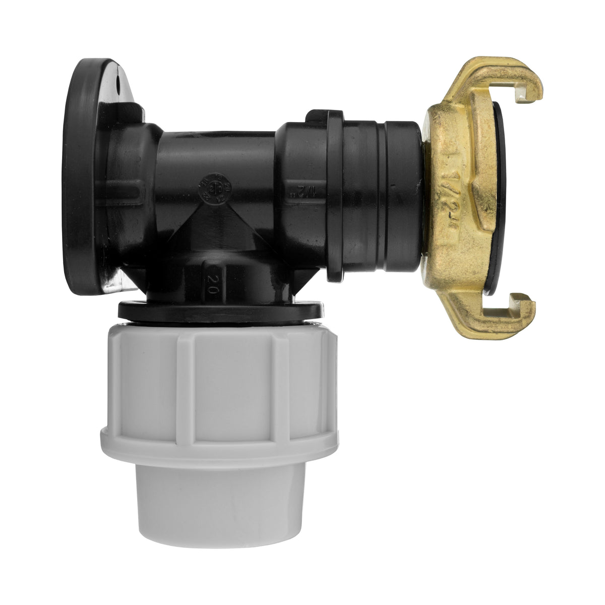 Black/grey 20mm MDPE wall-flange kit with claw outlet.